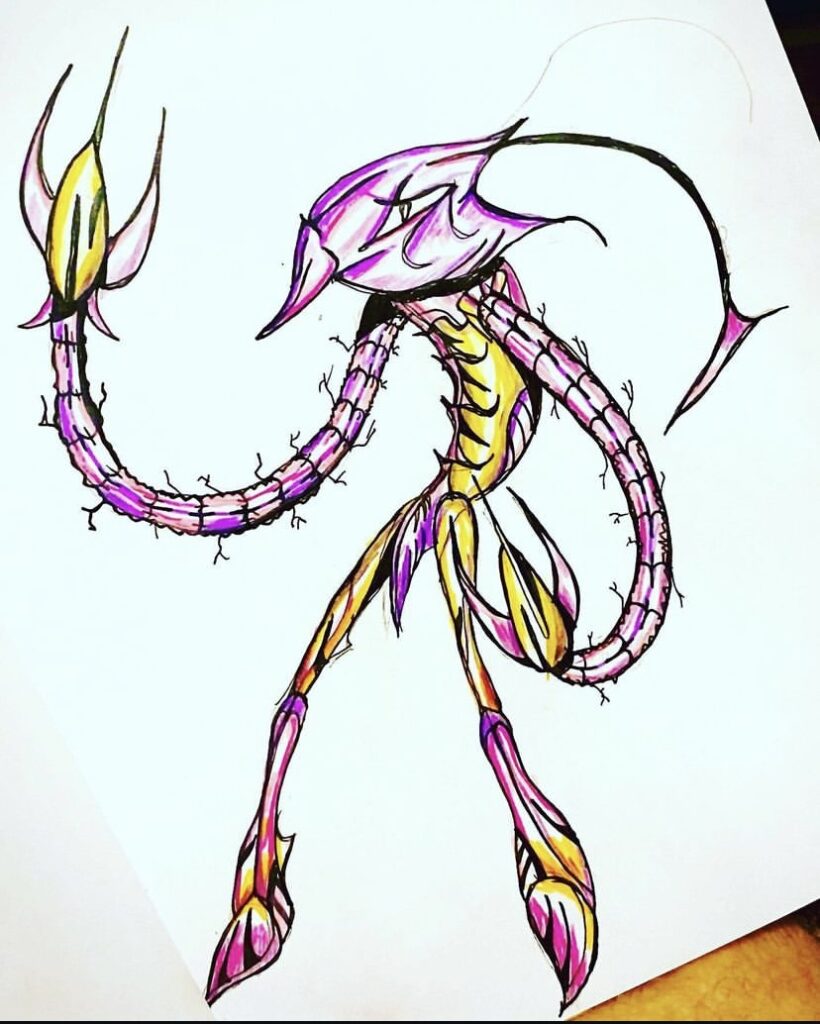 Pink and yellow alien with long arms and ponytail.