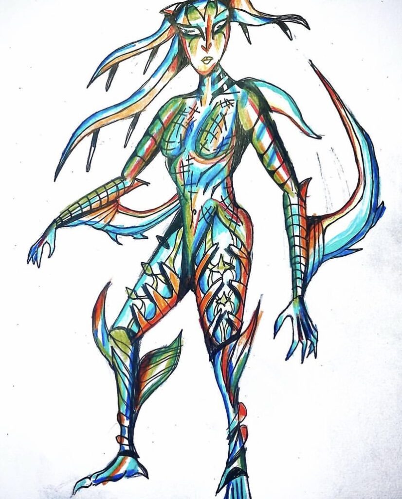 A comic book-style mermaid with legs and shiny skin.