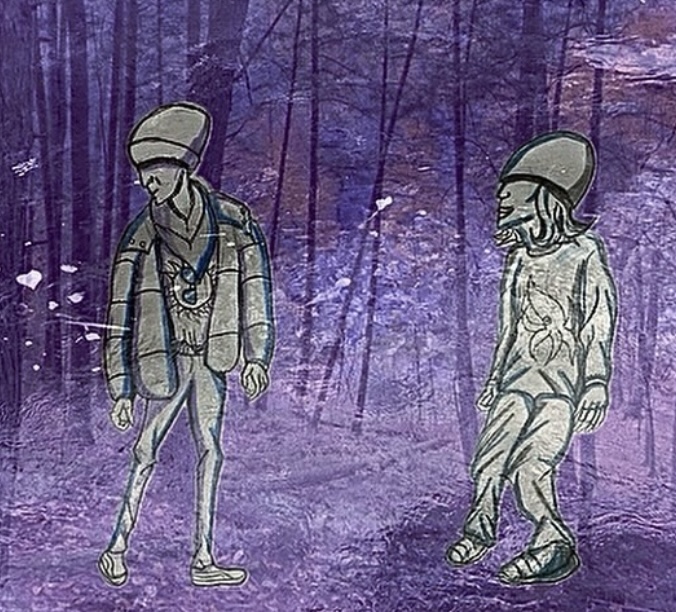 Two figures standing in a purple clouded forest.