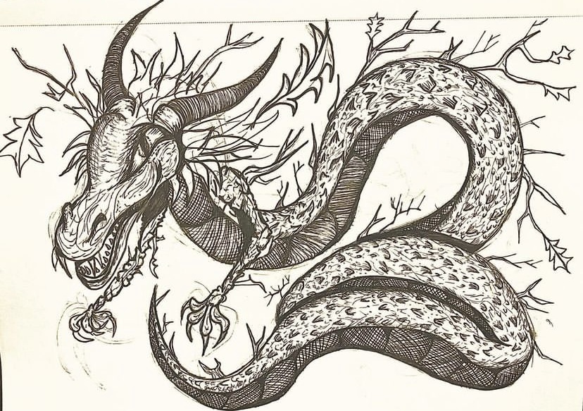 Detailed Chinese dragon with tree branches on its back