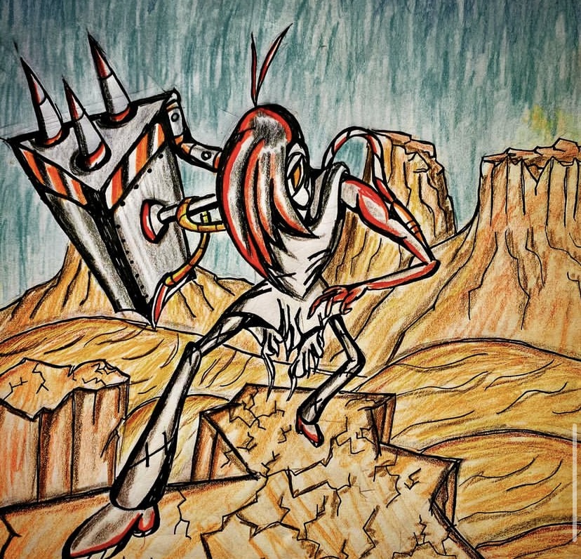 Missile Kid standing in a desert with cracked cliffs and mountains.