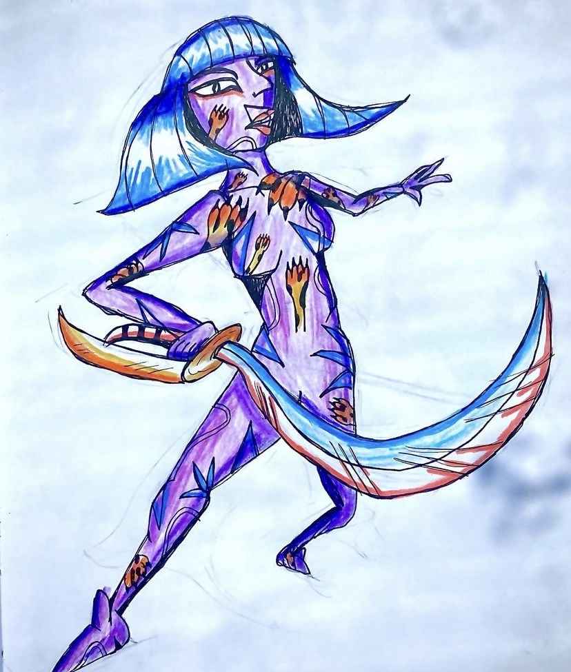 Purple woman with blue hair holding a curved sword.