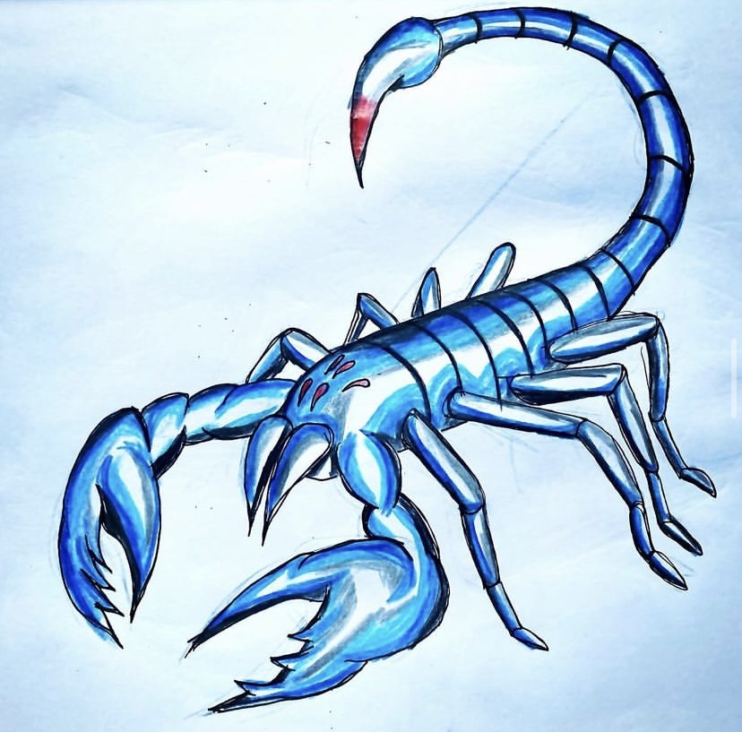 A blue scorpion with bright, shiny contours.