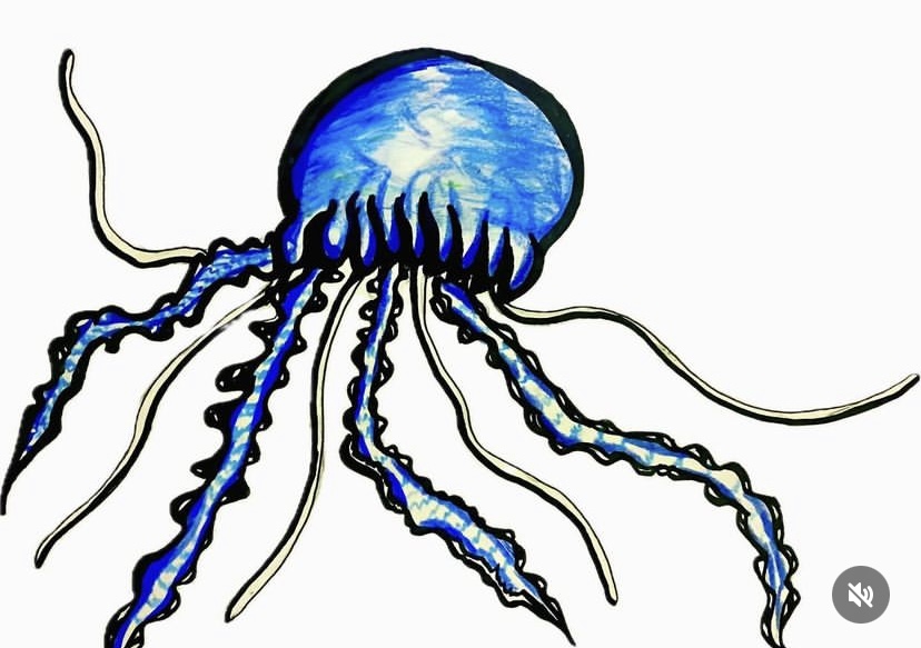 Blue jellyfish with outstretched tentacles.