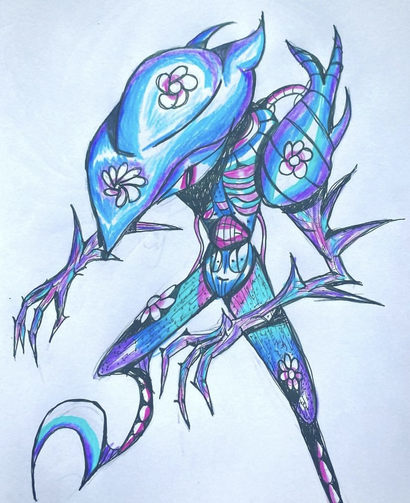 Blue and purple cyborg alien with white flowers and spiky arms.